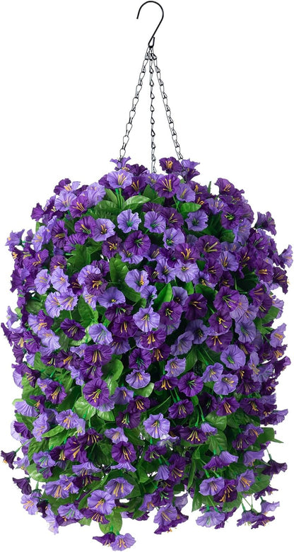 INXUGAO Artificial Flowers with Hanging Basket, Outdoor Faux Plants Silk Morning Glory Vines, Fake Green Arrangement for Garden Patio Spring Summer Decor(4pcs,Darkorchid)