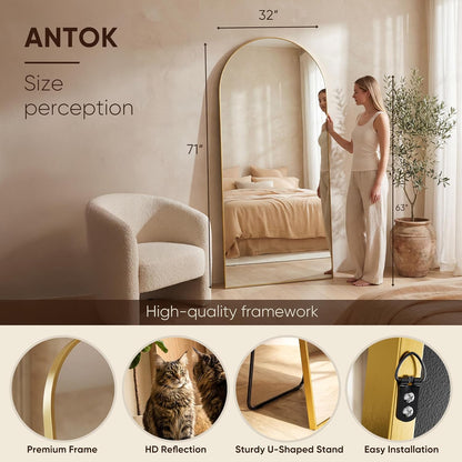 Antok 71" x28” Arched Full Length Floor Mirror, Black Aluminum Frame, Free Standing/Wall Mount/Leaning for Bedroom, Living Room, Dressing Room