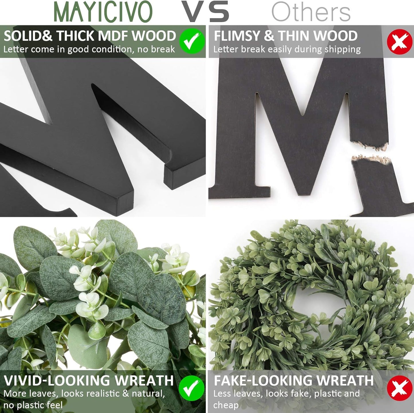 MAYICIVO Modern Wooden Home Sign with Artificial Eucalyptus Wreath, White and Beige, 13.81 inches Diameter, Wall Mount, MDF Wood, Plastic