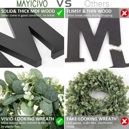 MAYICIVO Modern Wooden Home Sign with Artificial Eucalyptus Wreath, White and Beige, 13.81 inches Diameter, Wall Mount, MDF Wood, Plastic