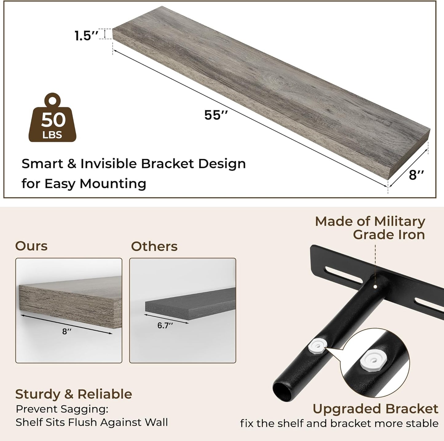 RICHFOCUS 72Inch Floating Shelves for Wall 2 Pack Shelves for Bedroom|Kitchen|Bathroom Wall Mounted Rustic Wood Floating Shelf with Invisible Brackets for Books|Storage|Decor, Rustic Brown