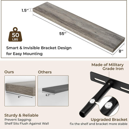 RICHFOCUS 72Inch Floating Shelves for Wall 2 Pack Shelves for Bedroom|Kitchen|Bathroom Wall Mounted Rustic Wood Floating Shelf with Invisible Brackets for Books|Storage|Decor, Rustic Brown