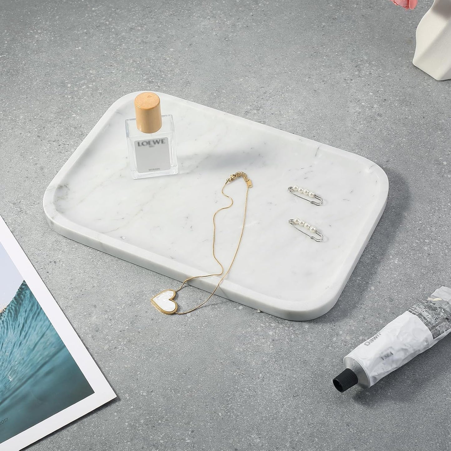 Koville Romano Travertine Tray, 12"x8" Natural Stone Vanity Tray for Countertop Bathroom Kitchen Dresser, Decorative Marble Catchall Trays for Perfume Jewelry, Rectangular Serving Tray(Beige)