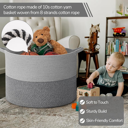 INDRESSME XXXLarge Blanket Basket for Living Room 21.7" x 21.7" x 13.8"-Storage Basket with Handle for Organizing Toy Pillows Woven Cotton Rope Laundry Basket Stuffed Animal Toy Storage for Play Room