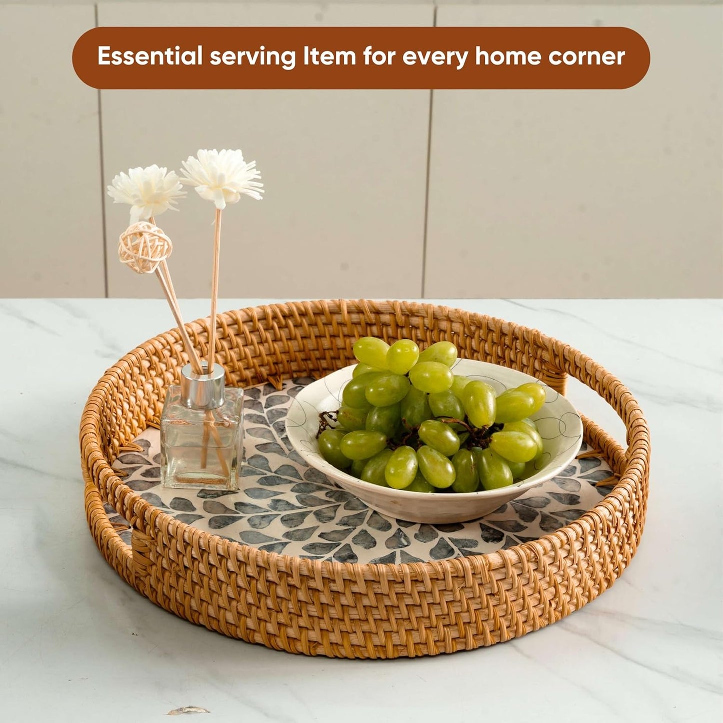 KOLWOVEN Round Rattan Tray with Handle, Rattan Serving Tray with Mother of Pearl Inlay Wooden Base, Decorative Wicker Basket for Table Decor (Blue Leaves)