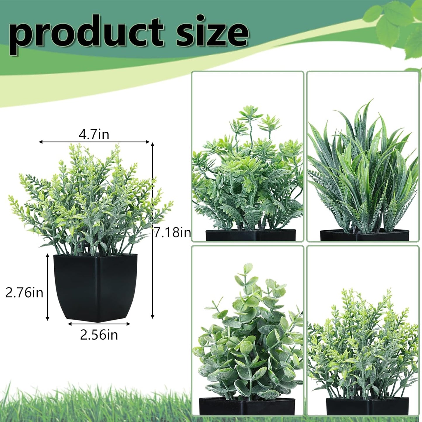 GREENTIME 4 Pack Fake Plants in Black Pot Mini Artificial Eucalyptus Potted Plant Small Faux Grass Greenery Potted for Indoor Home Office Farmhouse Bathroom Table Decoration