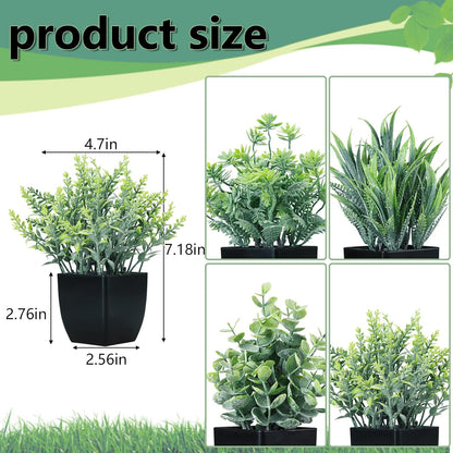 GREENTIME 4 Pack Fake Plants in Black Pot Mini Artificial Eucalyptus Potted Plant Small Faux Grass Greenery Potted for Indoor Home Office Farmhouse Bathroom Table Decoration