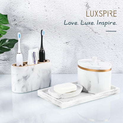 Luxspire Bathroom Vanity Tray, 8 x 4 inch Resin Kitchen Sink Tray for Soap Dispenser Bathroom Countertop Organizer Plate Holder for Perfume Soap Towel Bathroom Accessories, Mini, White Marble