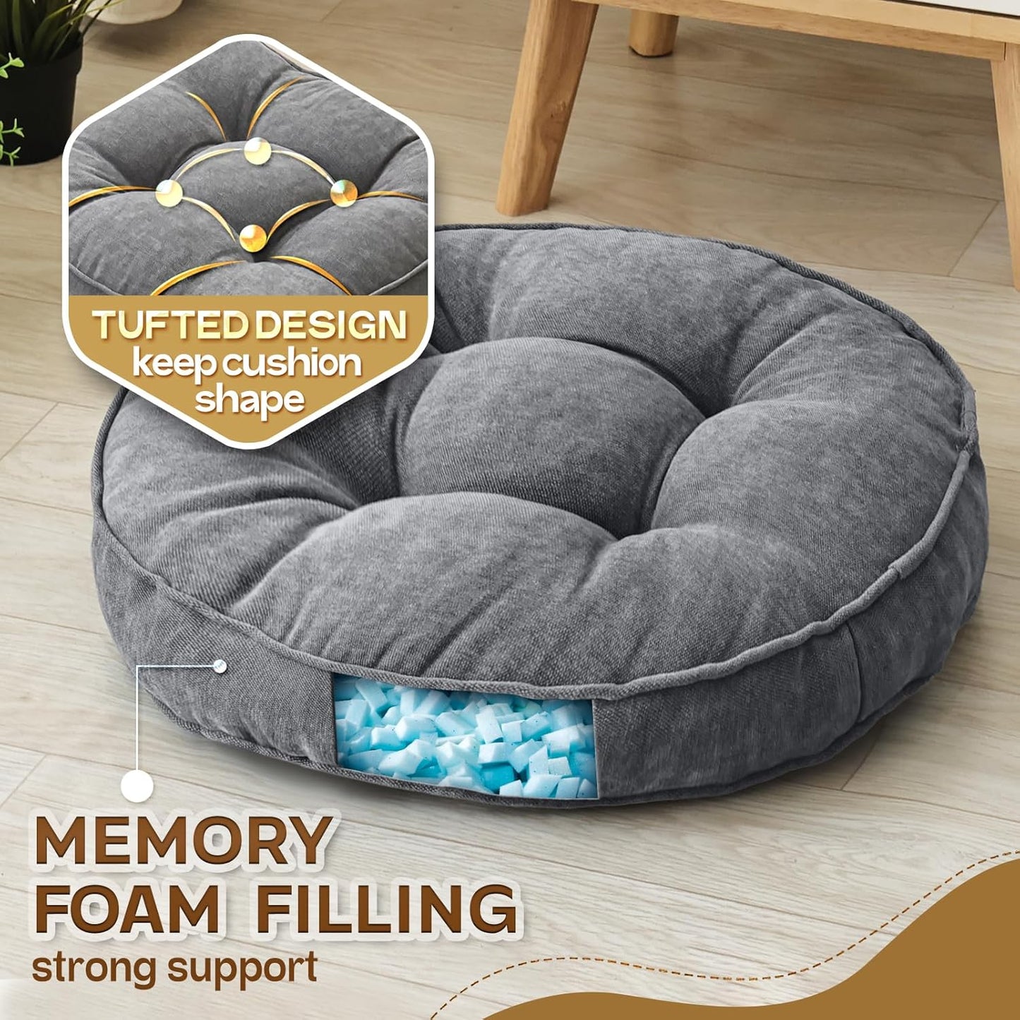 1 MIDDLE ONE Floor Pillow Set of 2, Memory Foam Floor Cushions for Adults, Large Meditation Pillow for Sitting, 22 x 22 Inches (Square | Grey)