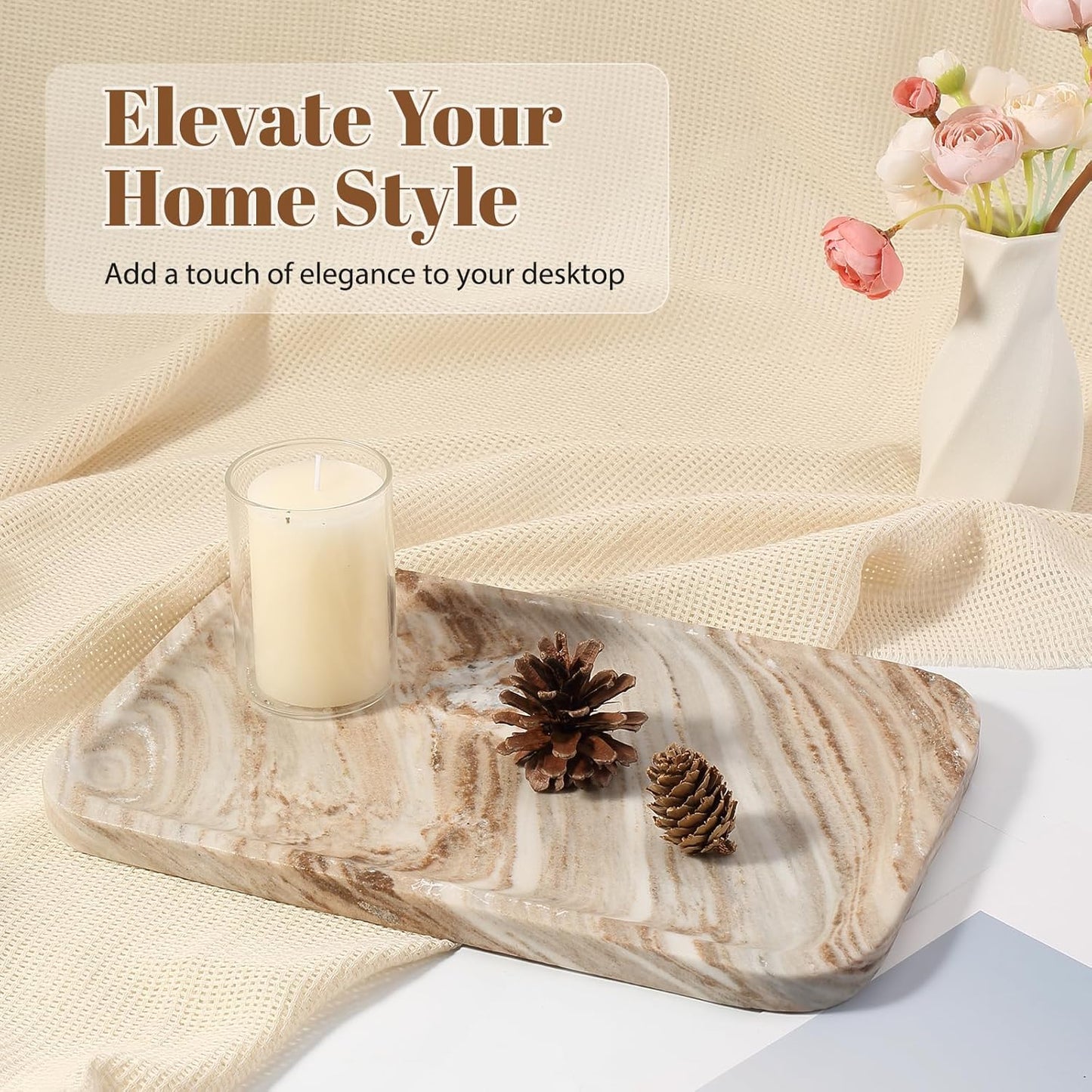 Koville Romano Travertine Tray, 12"x8" Natural Stone Vanity Tray for Countertop Bathroom Kitchen Dresser, Decorative Marble Catchall Trays for Perfume Jewelry, Rectangular Serving Tray(Beige)
