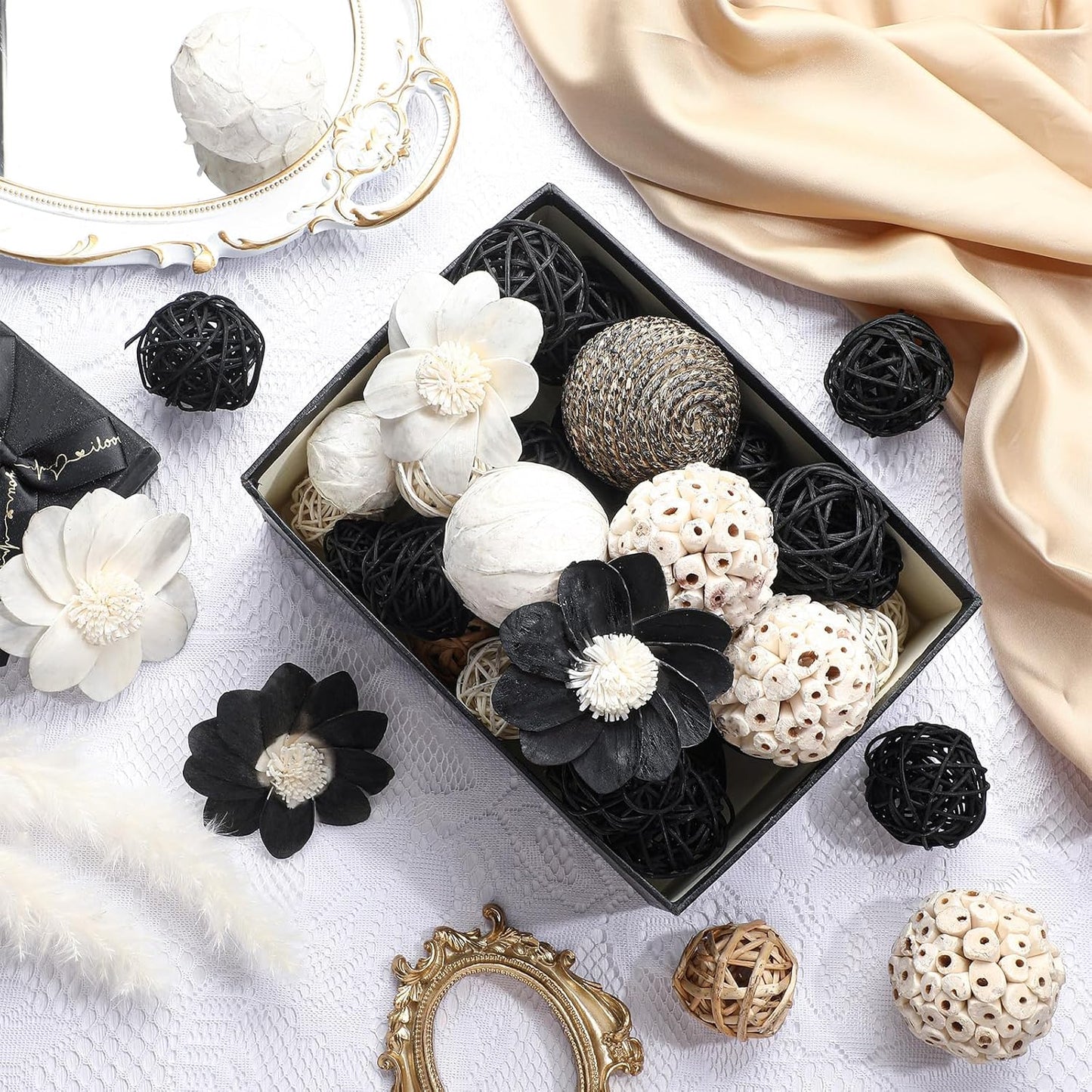 Riceshoot 2 Pack Decorative Balls Potpourri Bowl Filler Decor Natural Vase Bowl Filler Assorted Spherical Rattan Twigs Wicker Balls Cotton for Home Centerpiece(White)
