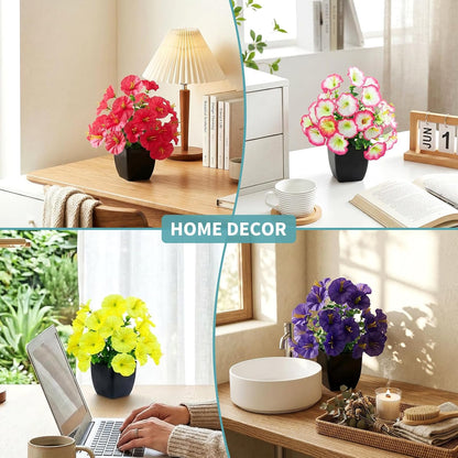 LOYWREE 4 Pack Small Artificial Mums Flowers in White Pots, Fake Mini Potted Plants, Spring Floral Decor for Home Bathroom Shelves Office Desk Table Centerpiece Indoor Decoration