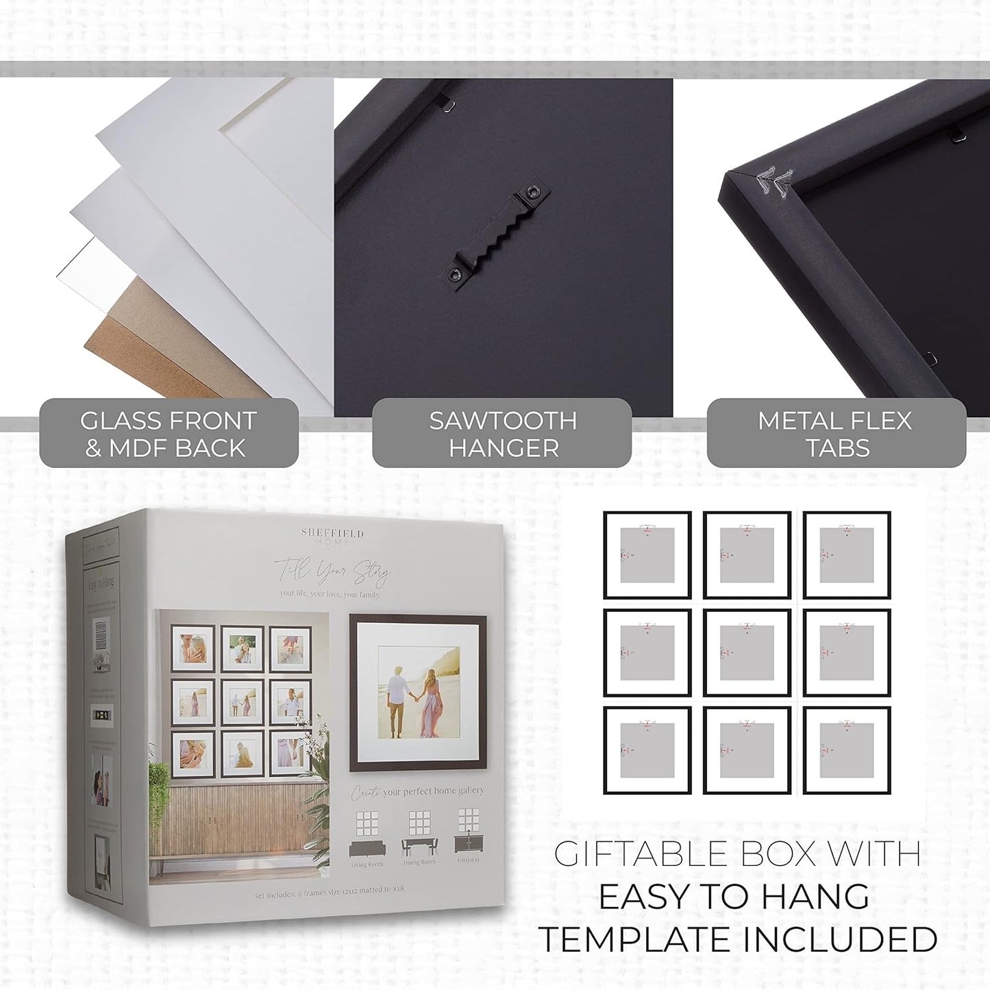 Sheffield Home 9 Piece Gallery Wall Frame Set, 11x14 in. matted to 8x10 in. (Matte Black)