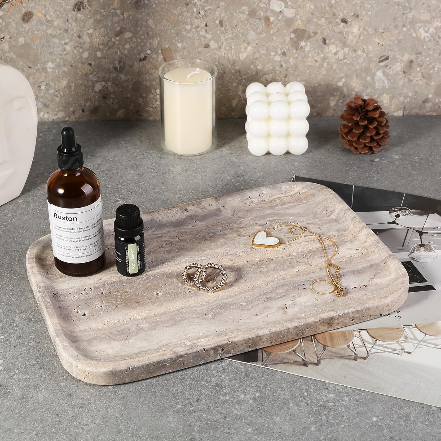Marble Vanity Tray for Dresser Organizer, Travertine Bathroom Tray Countertop, Beige Decorative Serving Trays, Kitchen Sink Storage, Jewelry & Perfume Holder(Travertino Romano)