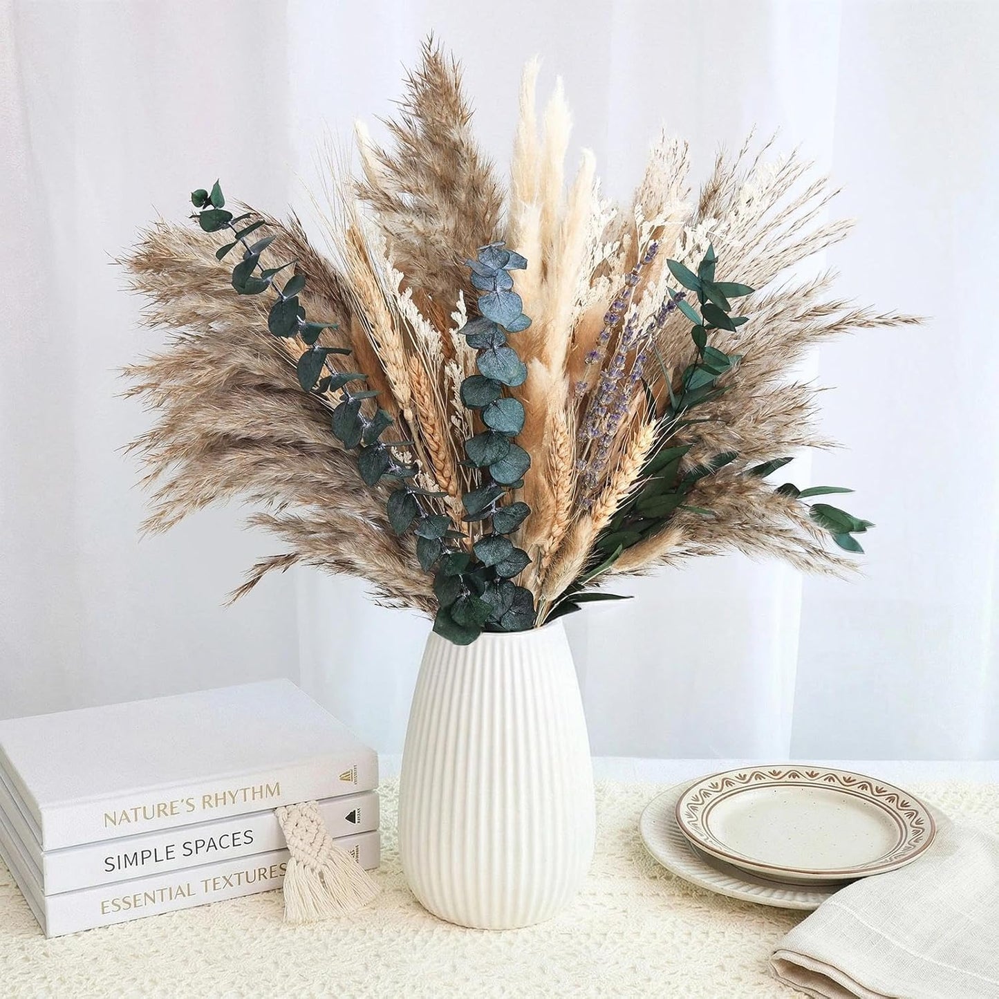 N&T NETING Dried Pampas Grass Decor- White Pampas Grass, Brown Pampas, Bunny Tail, Reed, Fluffy Dried Pompas Grass Flower for Home Wedding Table Vase Boho Modern Decor, 75Pcs