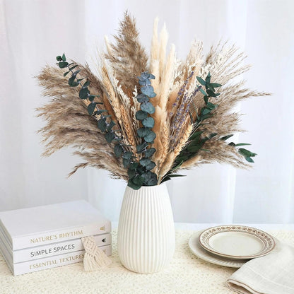 N&T NETING Dried Pampas Grass Decor- White Pampas Grass, Brown Pampas, Bunny Tail, Reed, Fluffy Dried Pompas Grass Flower for Home Wedding Table Vase Boho Modern Decor, 75Pcs