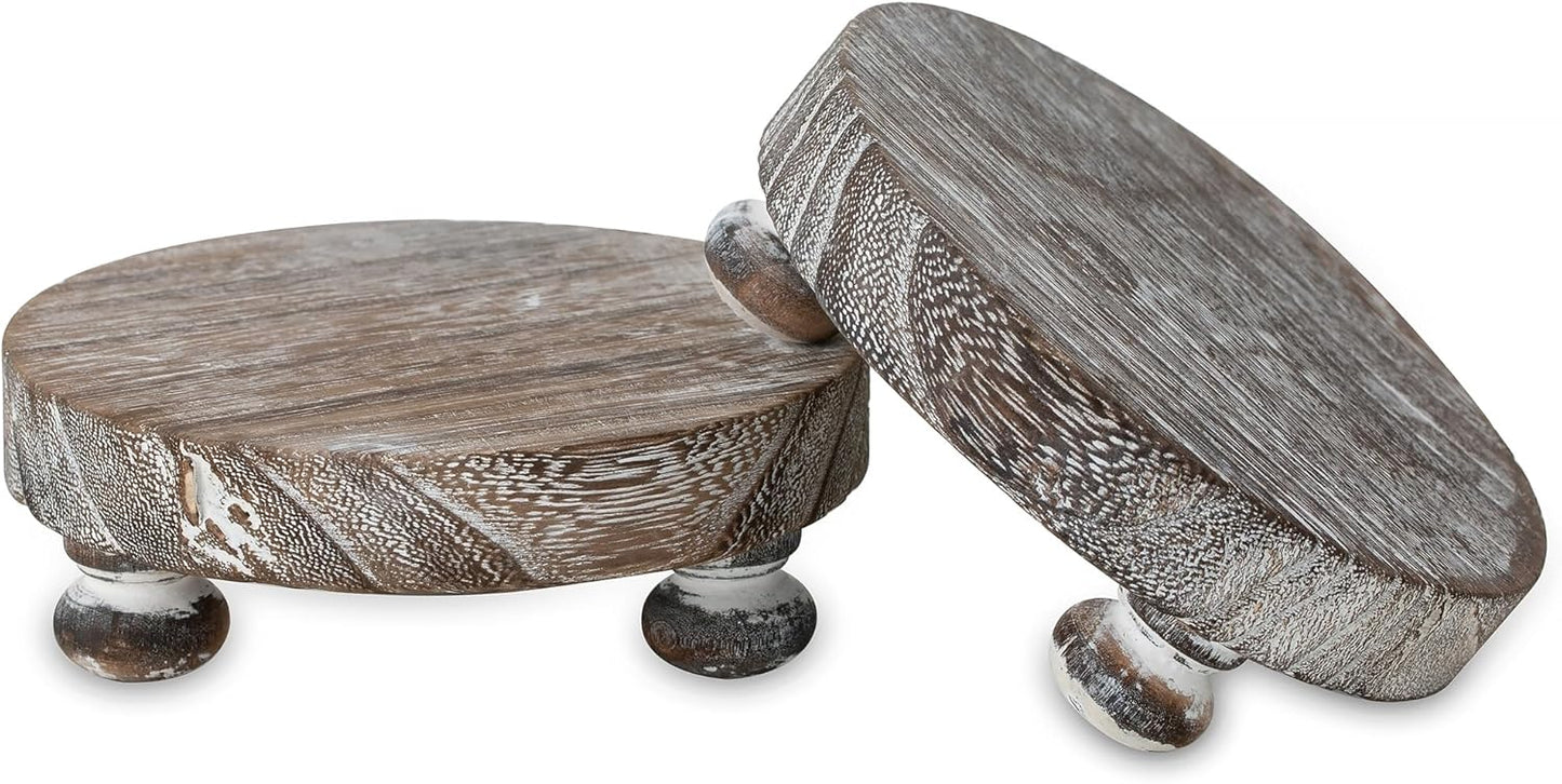 Romadedi Farmhouse Wood Riser for Display- 2 pcs Rustic Decor Mini Wooden Pedestal Decorative Round Tray for Home Table Bathroom Counter Shelf Kitchen, Brown