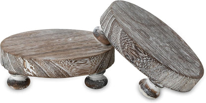 Romadedi Farmhouse Wood Riser for Display- 2 pcs Rustic Decor Mini Wooden Pedestal Decorative Round Tray for Home Table Bathroom Counter Shelf Kitchen, Brown