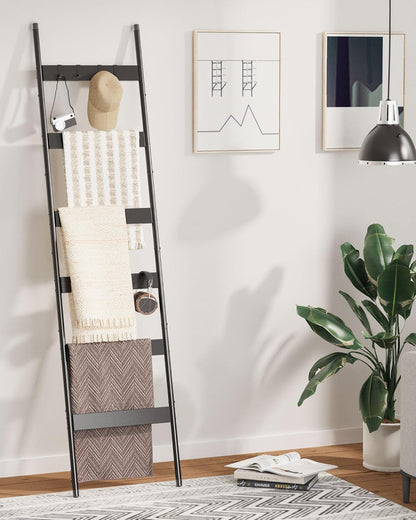 Blanket Ladder, 5-Tier Towel Holder with 4 Removable Hooks, Farmhouse Wall Leaning Decorative Rack Shelf, Wooden Towel Display Rack, Quilt Ladder for Living Room, Bedroom, Rustic Brown