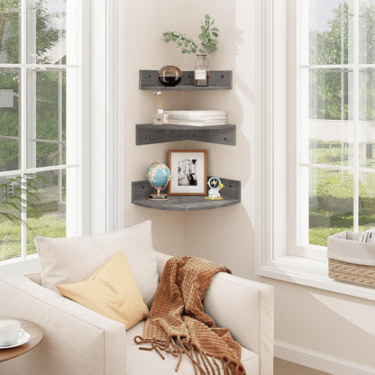 Homode Corner Shelf Wall Mount, Set of 3 Floating Corner Shelves with Cord Hole, 3 Tier Wood Wall Display Shelf, Storage for Bathroom Living Room Kitchen Bedroom, Rustic Brown and Black