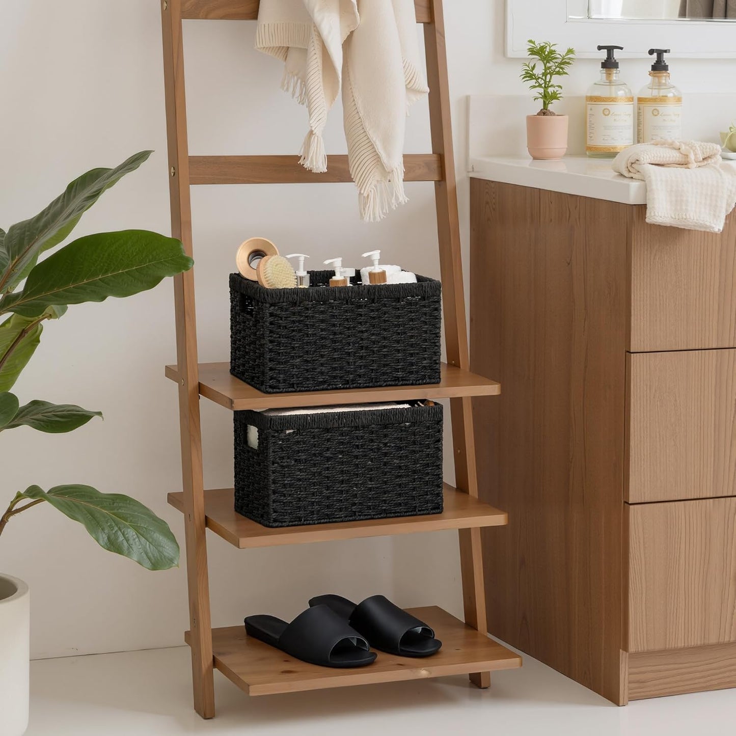 StorageWorks Wicker Basket, Baskets for Organizing, Storage Basket with Built-in Handles, Water Hyacinth Shelves (Medium 2-Pack, Natural Hyacinth)