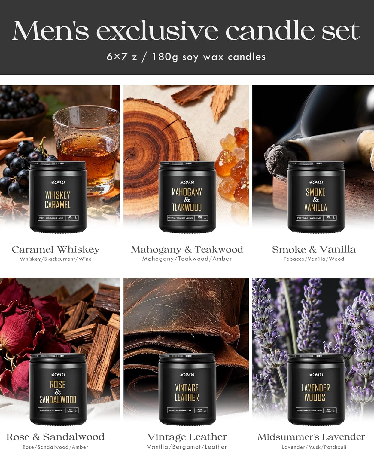 AOOVOO Scented Candles Set - 6 Pack Men Candles for Home Scented, 42 oz Soy Wax, 300 Hour Long Lasting Candle, Soy Candle Gifts Set for Men, Birthday, Valentine, Christmas, Anniversary Present
