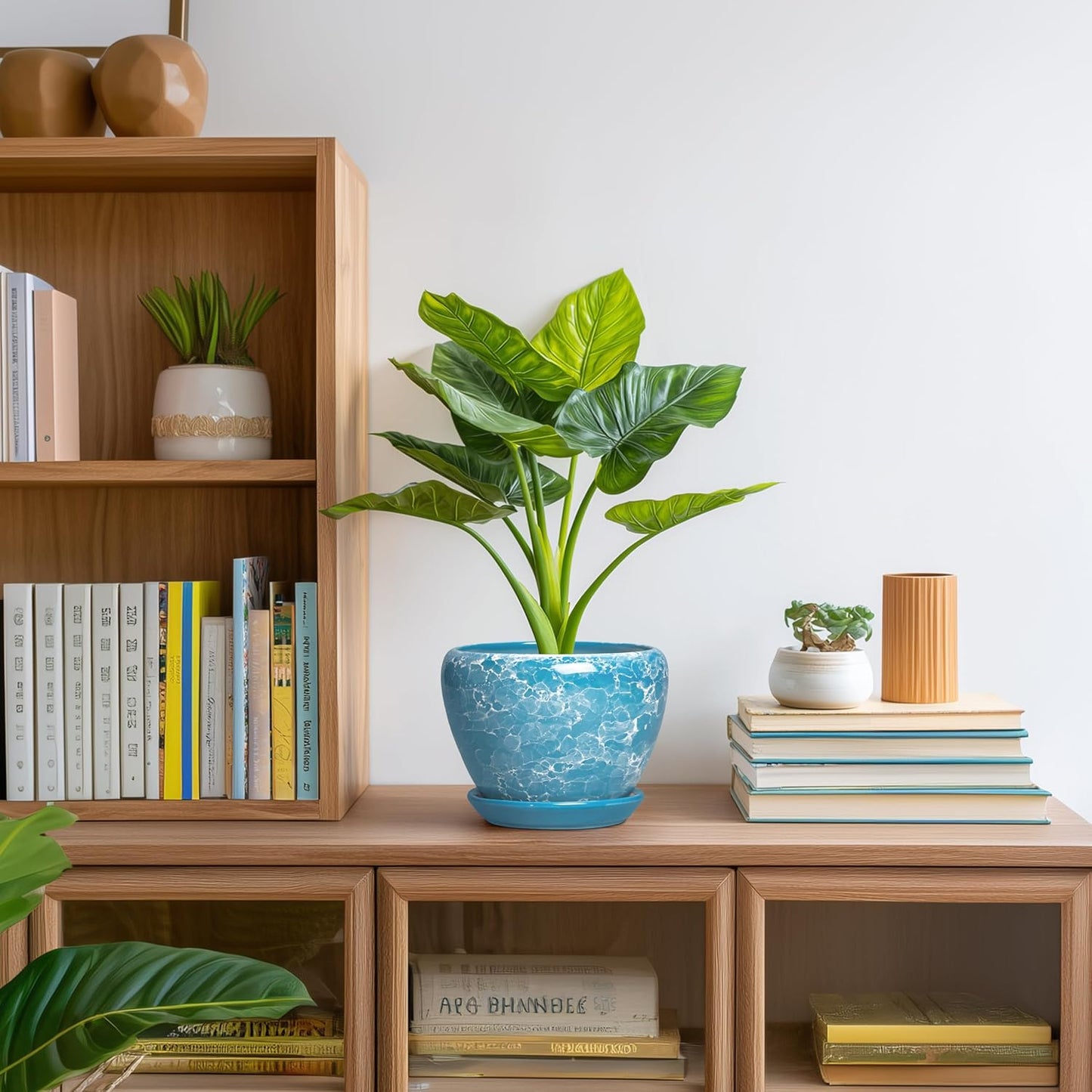 6 Inch Plant Pot - Ceramic Pots for Plants with Drainage Hole and Saucer, Round Succulent Planter Indoor Outdoor, Modern Flower Pot for Snake Plants, Home Decor, Gifts for Plant Lover, Blue