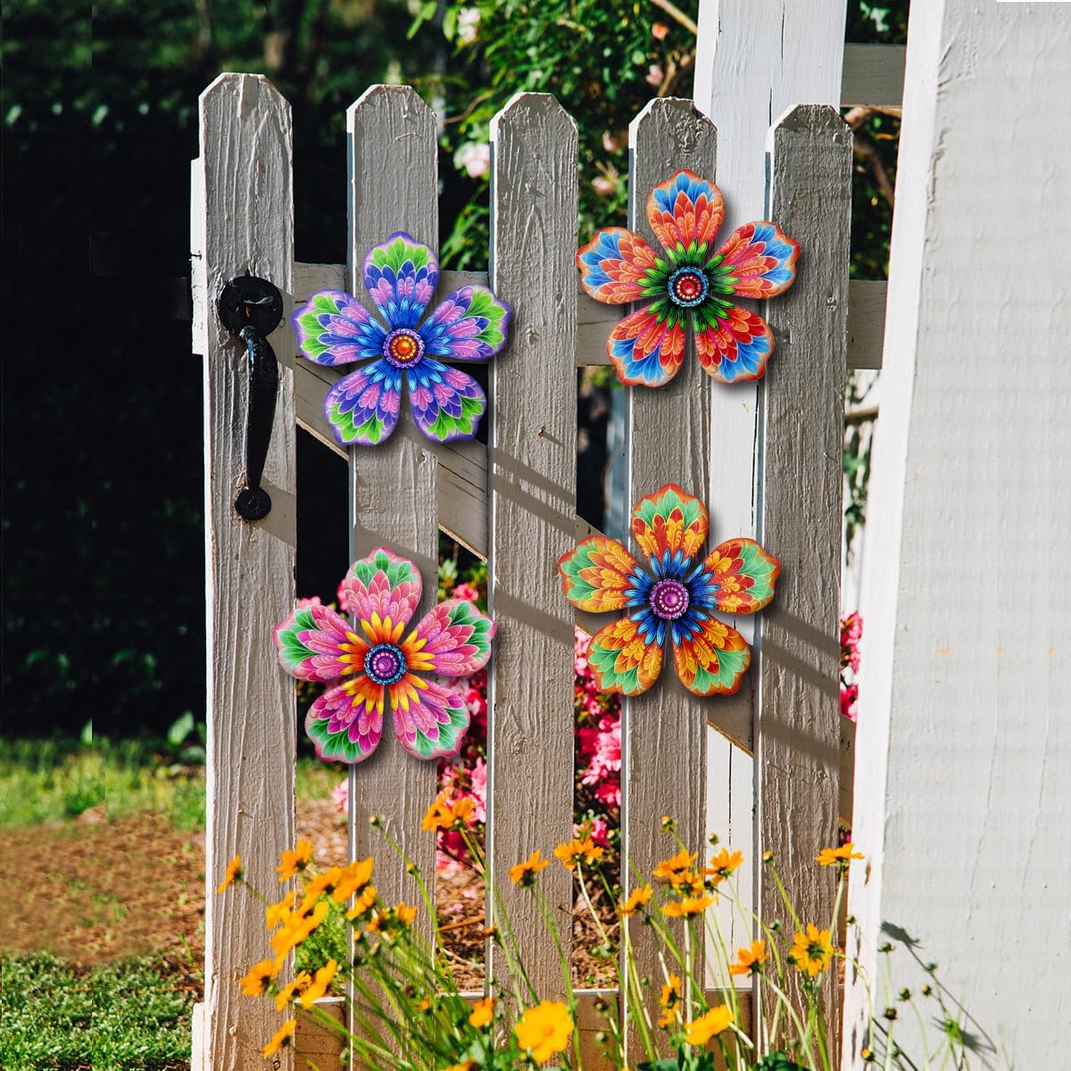 Giyyomtr Metal Flowers Wall Decor - 4pcs 6.2'' Metal Wall Art Hanging Decorations for Outdoor Fence Garden Yard Patio Exterior Wall Decor
