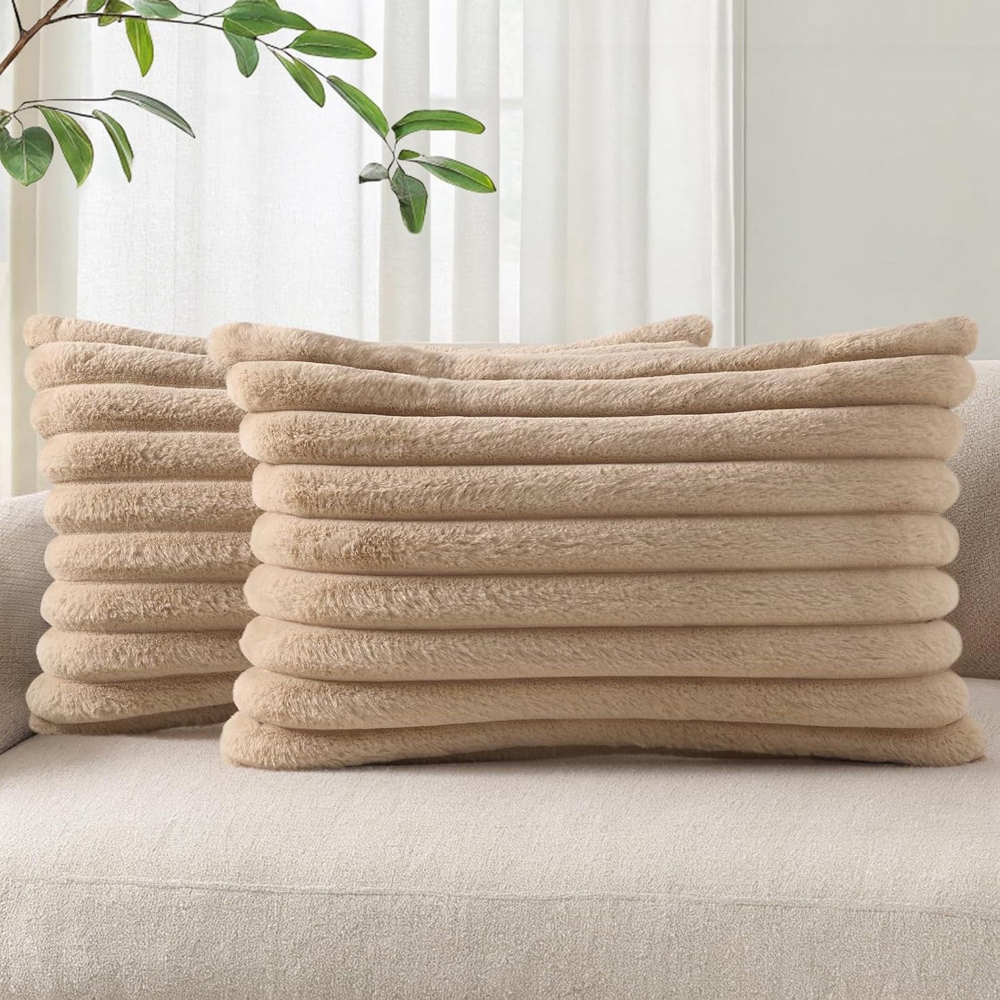 Pallene Faux Fur Plush Throw Pillow Covers 18x18 Set of 2, Luxury Soft Fluffy Striped Decorative Pillow Covers for Sofa, Couch, Living Room, Cream White