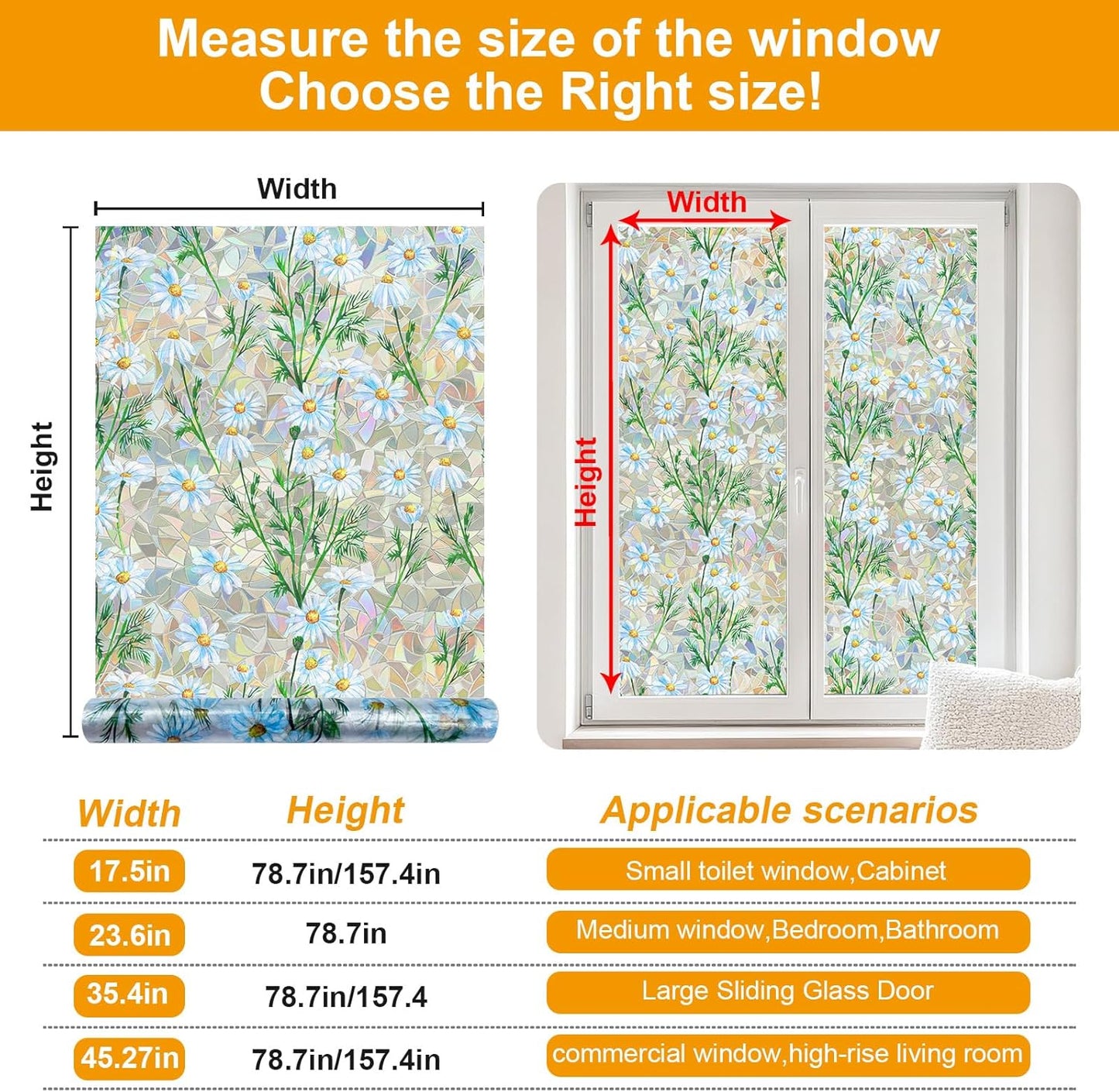 Countewol Window Privacy Film Stain Glass Window Film Rainbow Window Film Window clings Non-Adhesive Reusable Decorative for Room (Leaf Rainbow, 17.5 x 78.7 in)