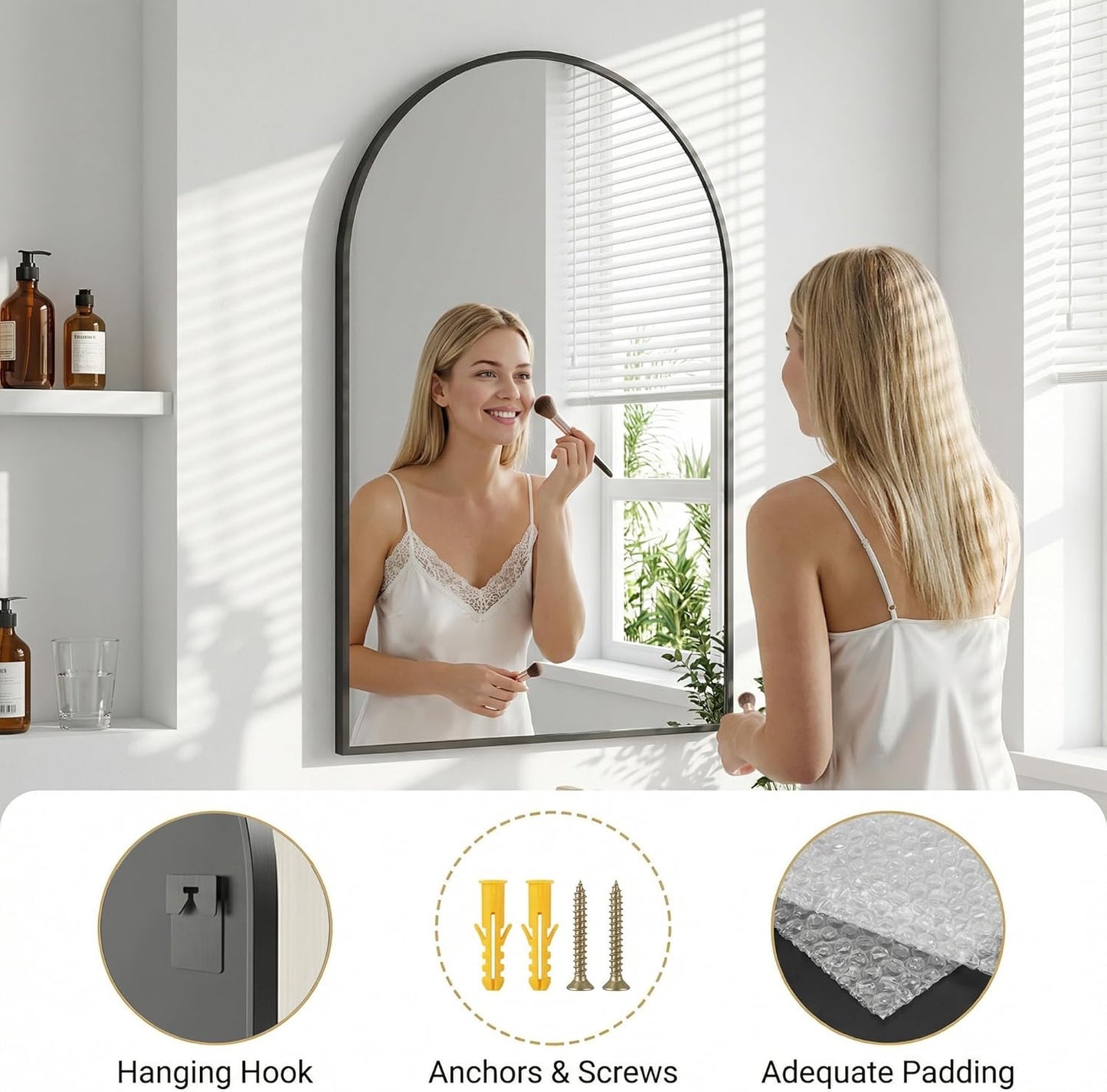 Antok Arched Bathroom Mirror, 20"x30" Wall Mounted Mirror, Vanity Mirrors for Over Sink, Aluminum Alloy Frame Bathroom Mirrors Living Room, Bedroom and Entryway, Black