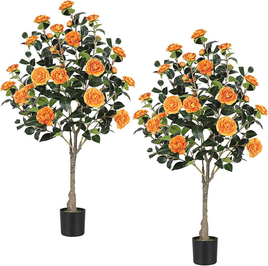 4FT Artificial Camellia Tree 2 Pack 47" Faux Camellia Plant with Black Pot, Realistic Leaves and Silk Floral Blooming for Indoor Outdoor Home Office Porch Decor, Yellow