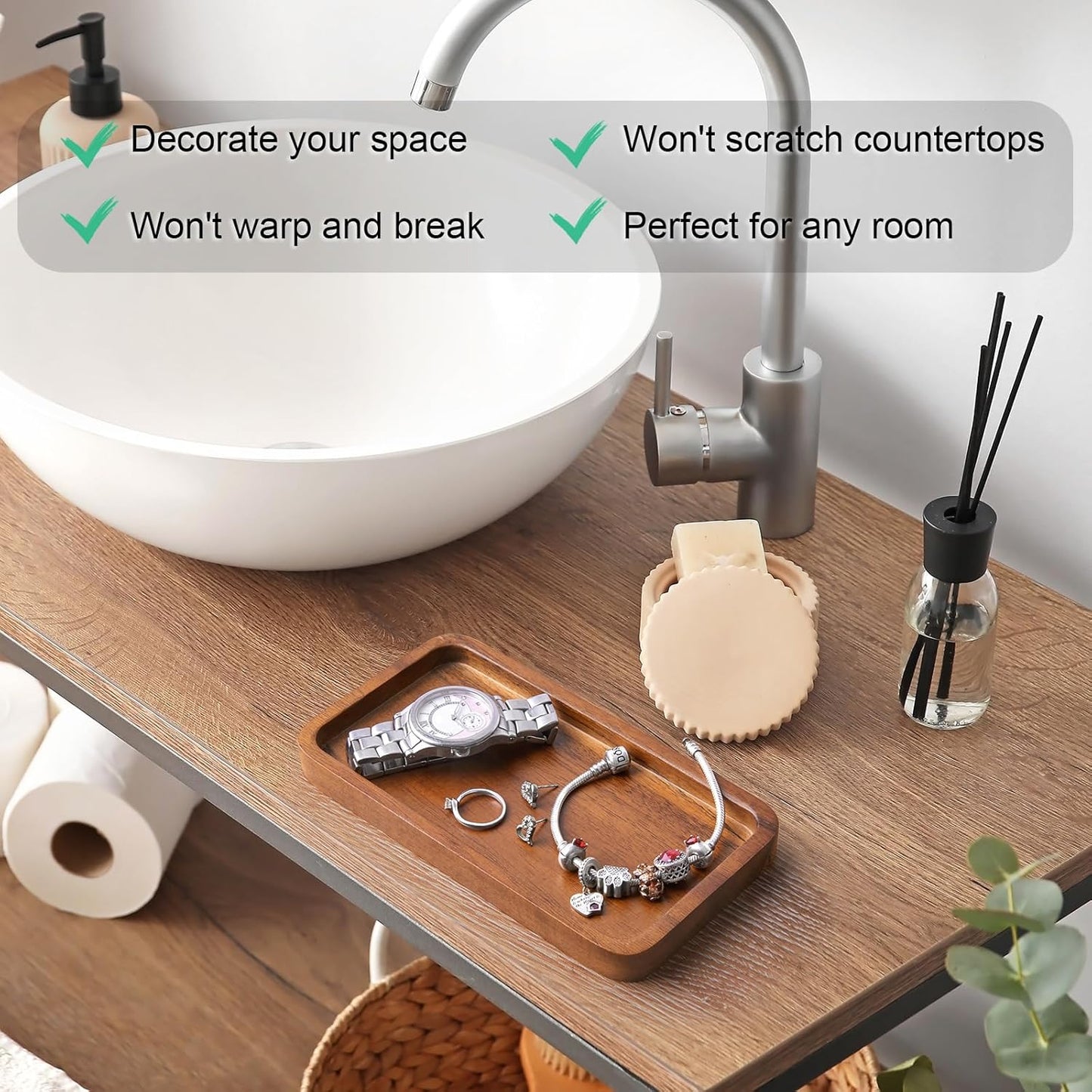 ALELION 11.7" Bathroom Vanity Tray for Counter - Acacia Wood Decorative Tray for Toilet Tank Makeup Perfume Jewelry Catchall Coffee Table - Wooden Kitchen Countertop Organizer for Soap Dispenser
