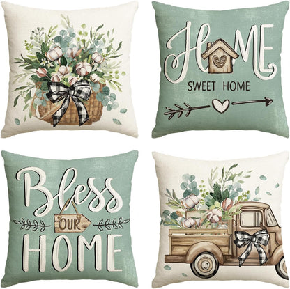 AVOIN colorlife Bless Our Home Farmhouse Eucalyptus Leaves Throw Pillow Covers, 18 x 18 Inch Truck Home Sweet Home Cushion Case Decorations Set of 4