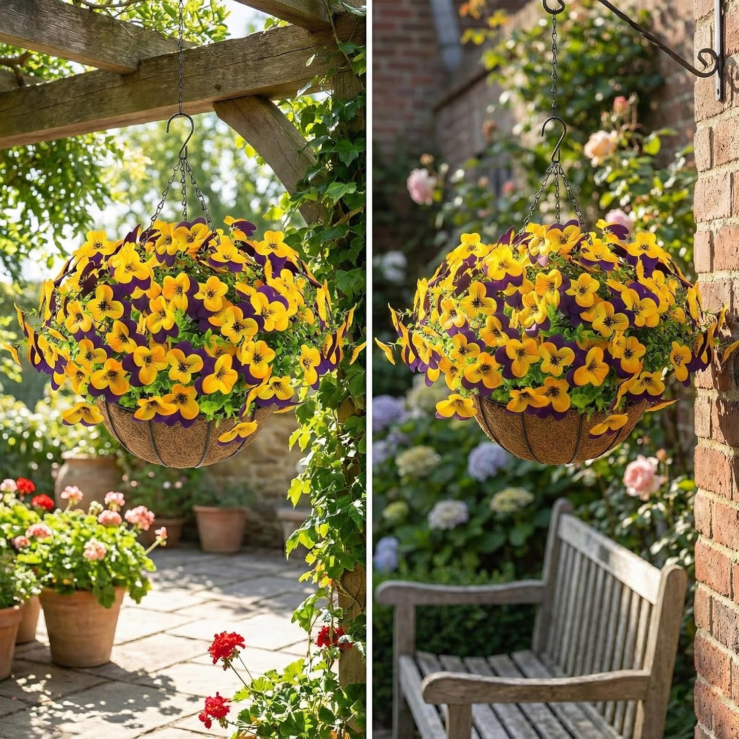 2 Set Artificial Outdoor Pansy Flowers with Hanging Baskets, 2 Hanging Baskets with 24 Pcs Silk Flowers for Spring Easter Decorations Porch Patio Home Decor (2, Purple, Yellow, White, Light Purple)