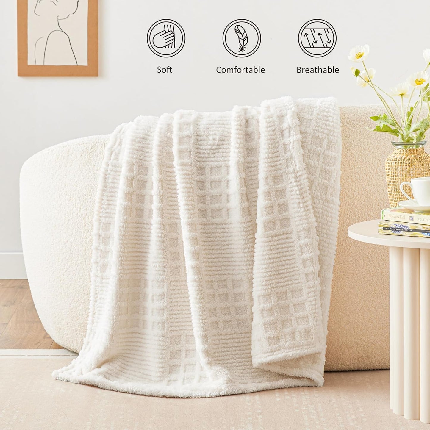EXQ Home Fleece Throw Blanket for Couch or Bed - 3D Imitation Turtle Shell Jacquard Decorative Blankets - Cozy Soft Lightweight Fuzzy Flannel Blanket Suitable for All Seasons(50"×60",Beige)