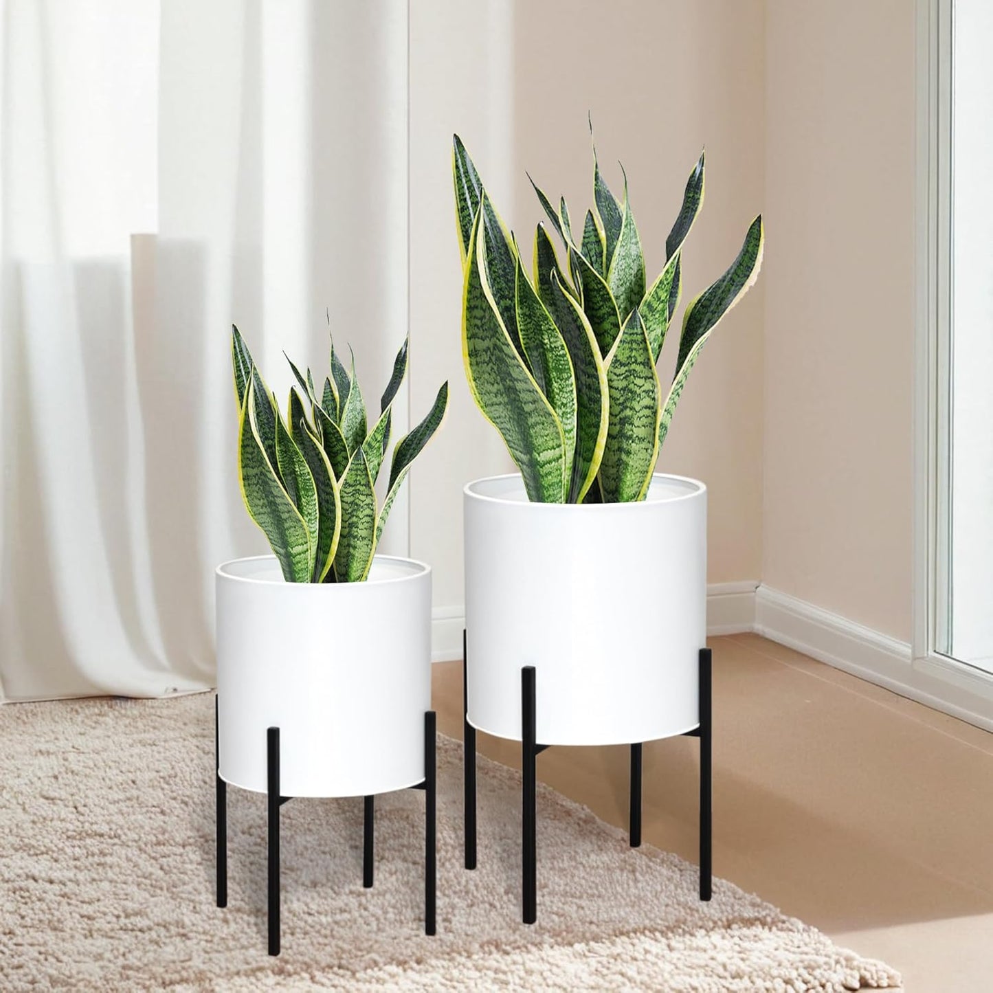 ARNIS Modern Plant Pots, Set of 2 Large Planters with Stand, Decorative Planters, Metal Pots with Drainage Holes for Living Room, Office, Garden or Balcony, 8.25 &10.5 Inch, Dirt
