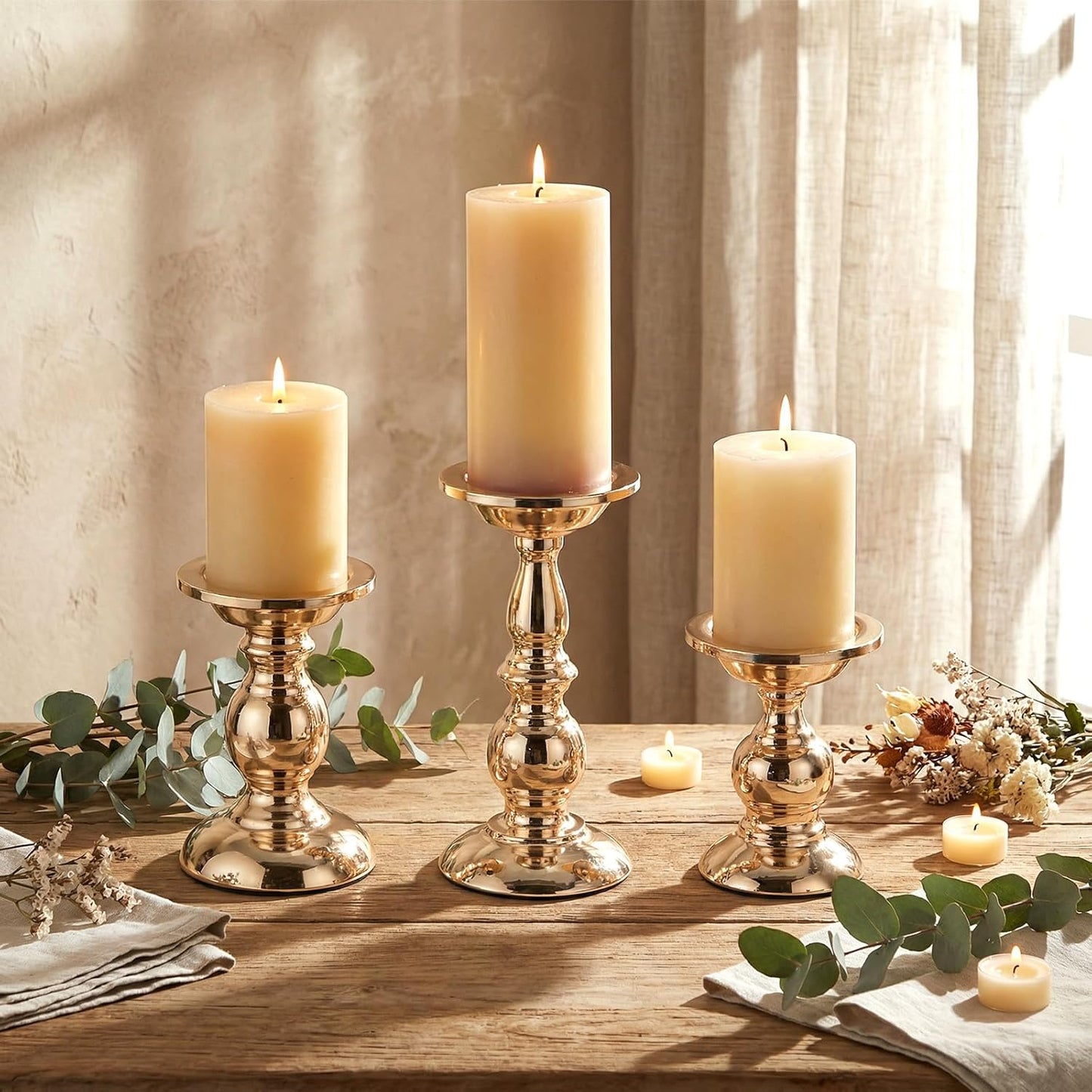 3 Sets Gold Pillar Candle Holders Metal Candle Holders for Pillar Candles, LED Flameless Candles 5.31, 6.50, 8.46 Inch Tall for Table Centerpiece, Fireplace Decor