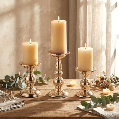 3 Sets Gold Pillar Candle Holders Metal Candle Holders for Pillar Candles, LED Flameless Candles 5.31, 6.50, 8.46 Inch Tall for Table Centerpiece, Fireplace Decor