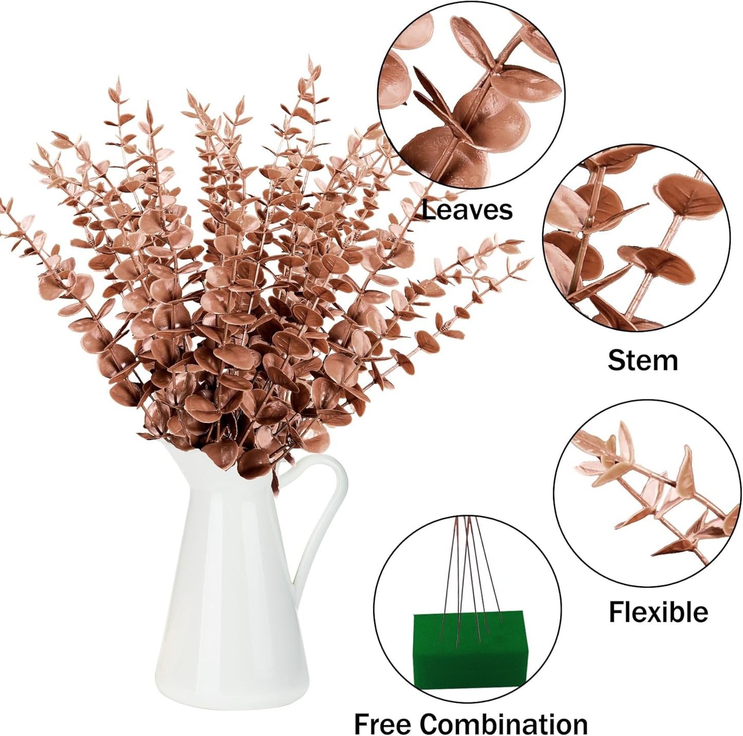 FEQO 36 Pcs Artificial Eucalyptus Stems Dark Brown Leaves Faux Eucalyptus Stems Branches 15 inch for Wedding Bouquet Home Deco