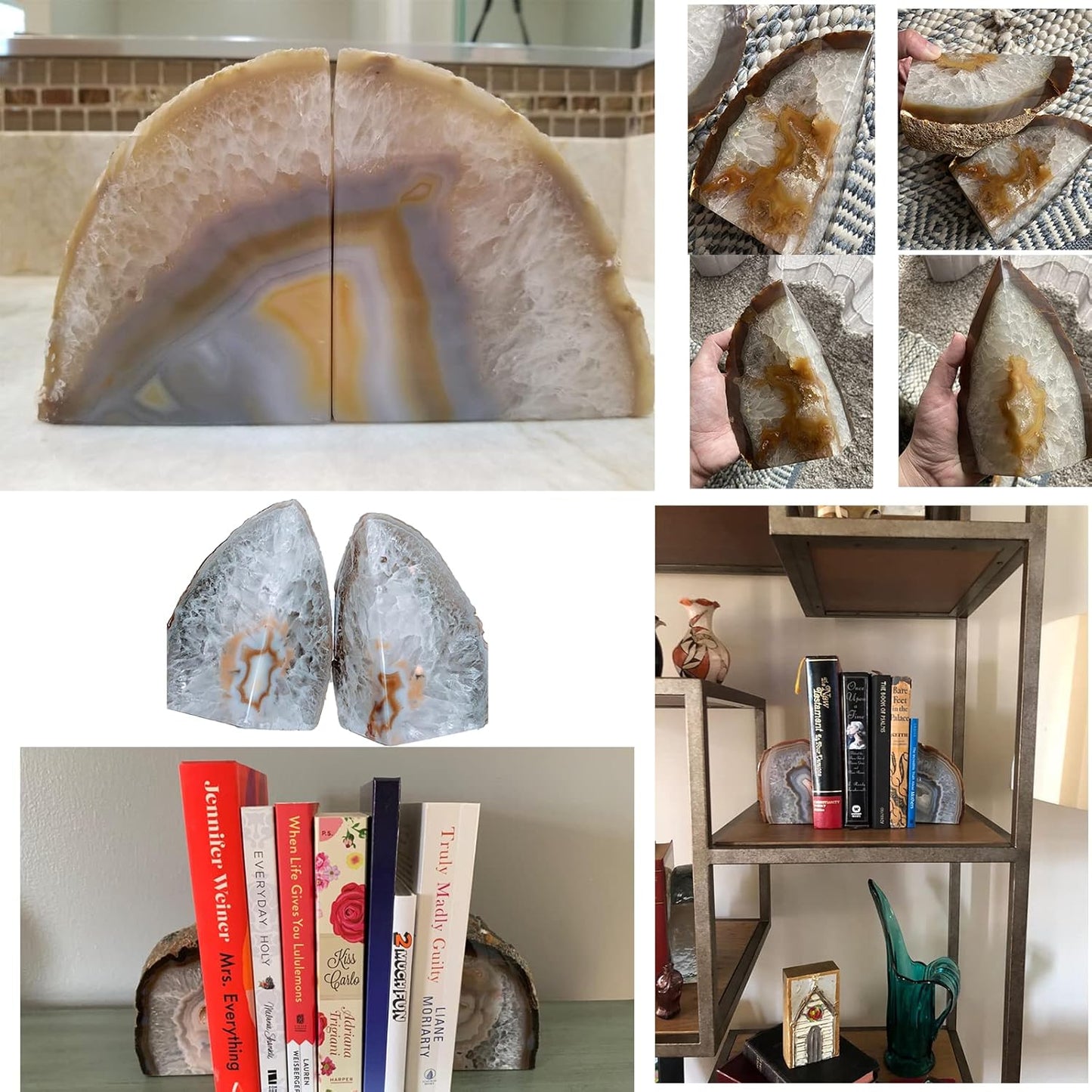 JIC Gem Dyed Blue Agate Bookends Geode Decorative Book Ends for Heavy Books with Rubber Bumpers for Office and Home Decoration Polished Small Size 2 to 3 Lbs