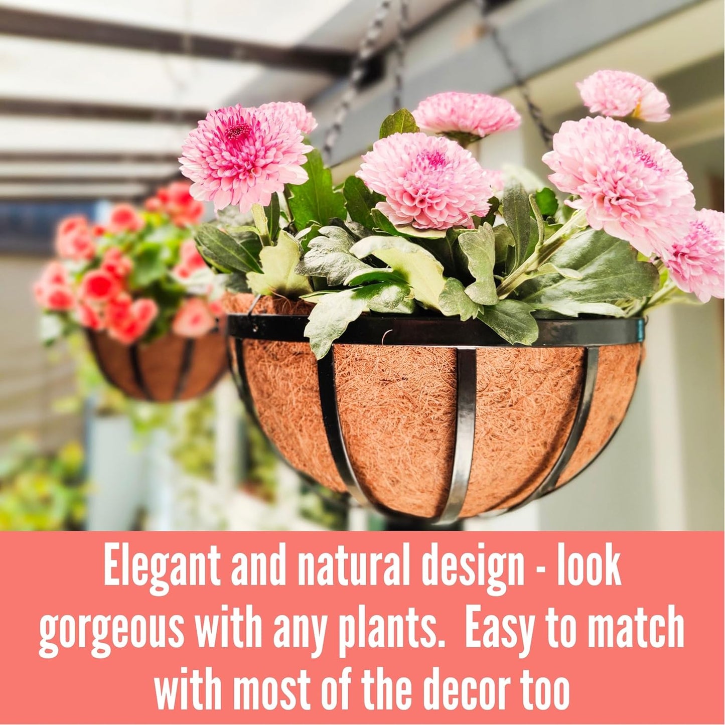 LaLaGreen Outdoor Hanging Baskets for Plants (12 Inch, 6 Pack) Medium Hanging Planter with Coco Liner, Flat Iron Metal Round Plant Flower Pots for Deck Patio Porch Garden Balcony Outside Decoration