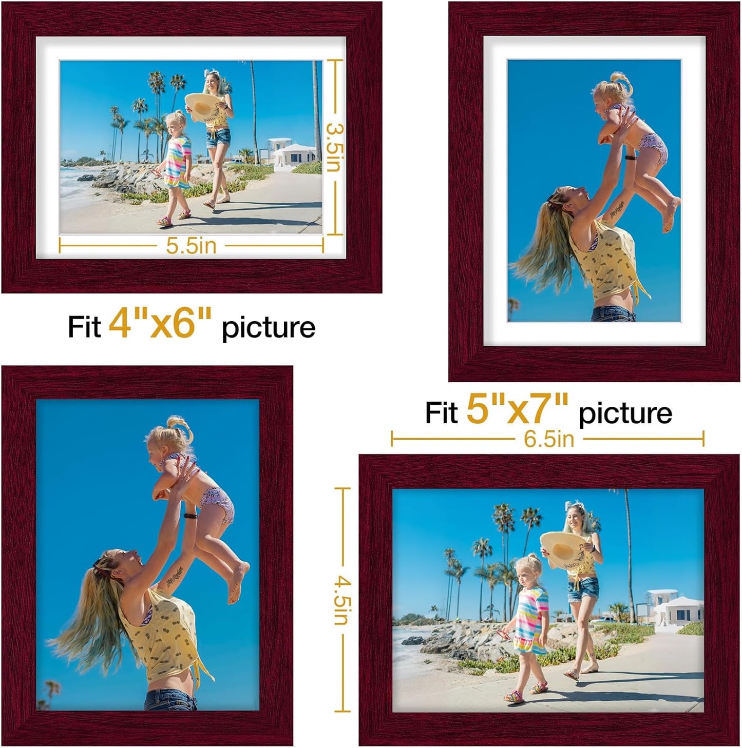 Vittanly 8x10 Picture Frames Set of 9, Shatter Resistant Plexiglass, Display 5x7 Pictures with Mat or 8x10 without Mat, Photo Frames for Wall or Tabletop, Engineered Wood, Black - Colors B