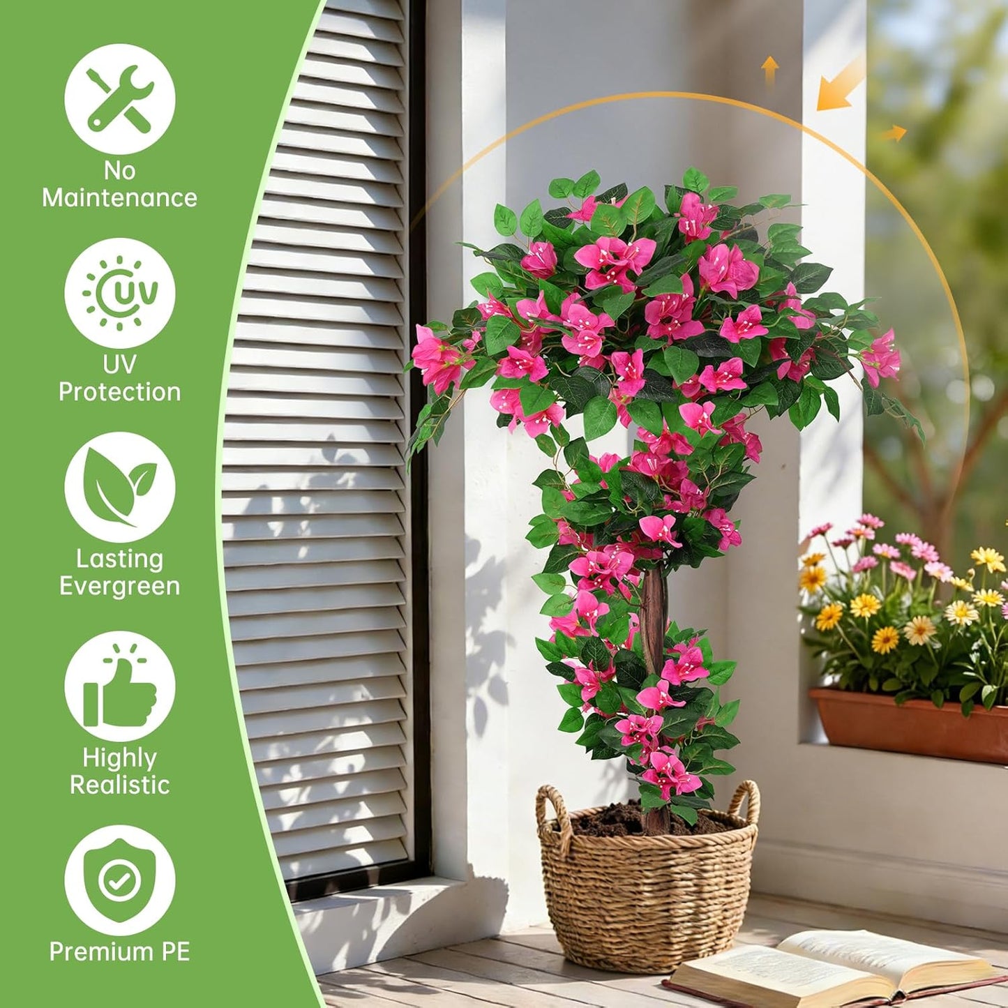 2Pack 4FT Artificial Bougainvillea Topiary Trees for Outdoor, Fake Silk Flowers Plants Bushes with Ground Spike, Faux UV Resistant Shurbs Trees for Outside,Front Porch,Patio,Balcony Decor