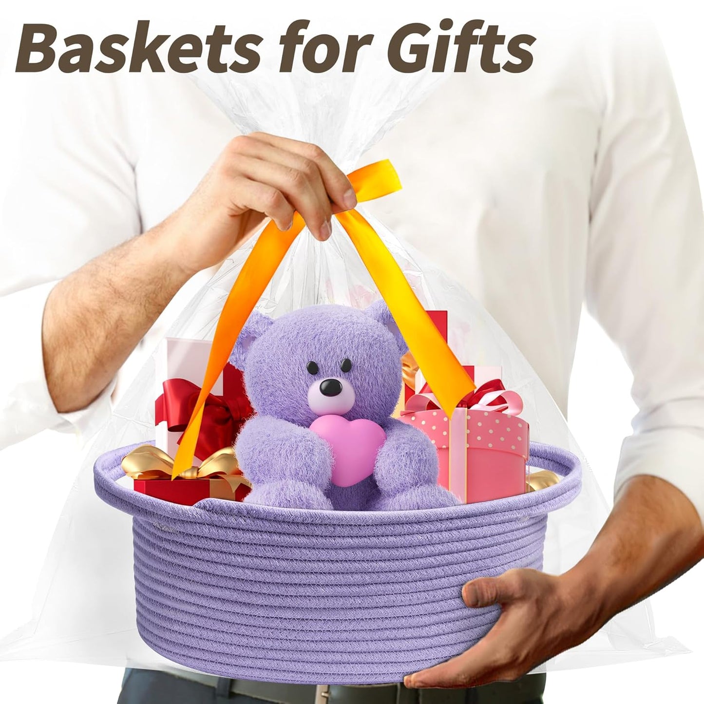 Pro Goleem Small Woven Basket with Gift Bags and Ribbons Durable Baskets for Mothers Day Gifts Empty Small Rope Basket for Storage 12"X 8" X 5" Baby Toy Baskets with Handles, White