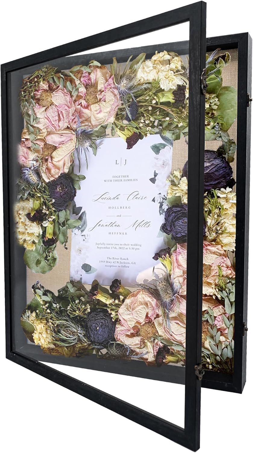 GraduationMall 13x16 Wood Shadow Box Frame Glass Door Display Case with Linen Back and 6 Stick Pins,1.5 inches Interior Depth,Ideal for Memorabilia Pictures Flowers Medals Tickets Rustic White
