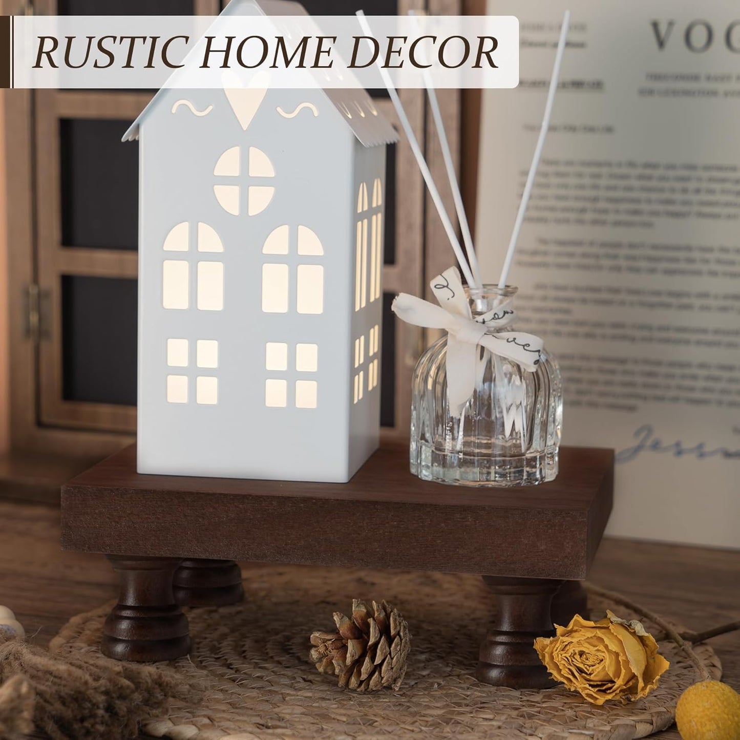 EOSAHR Farmhouse Riser for Room Decor : Decorative Pedestal Stand For Display Your Home Decorations and Uniquely Soap Stand - Rustic Bathroom Counter Tray and Kitchen Decor (Natural Wood)
