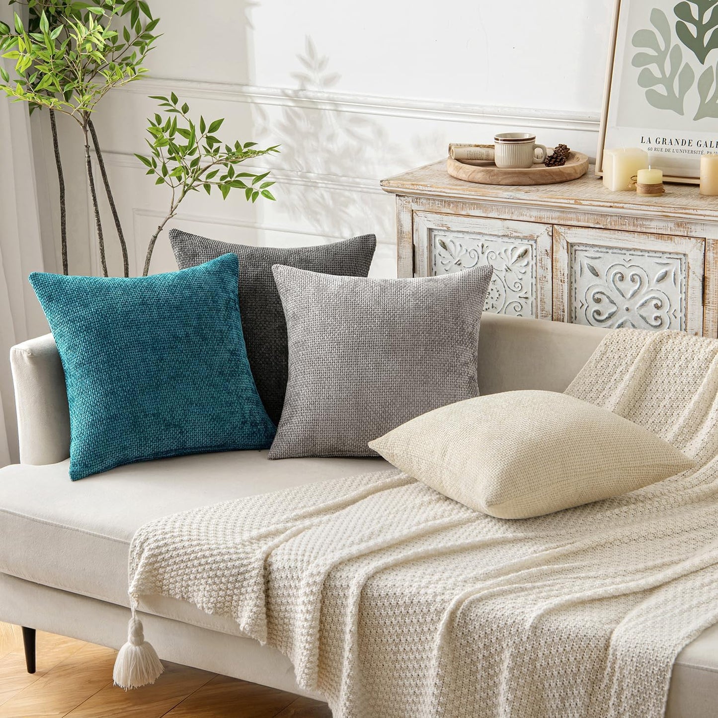 MIULEE Pack of 2 Couch Throw Pillow Covers 18x18 Inch Neutral Beige Modern Boho Accent Decorative Pillow Covers Soft Chenille Farmhouse Cushion Covers for Home Decor Bed Sofa Living Room