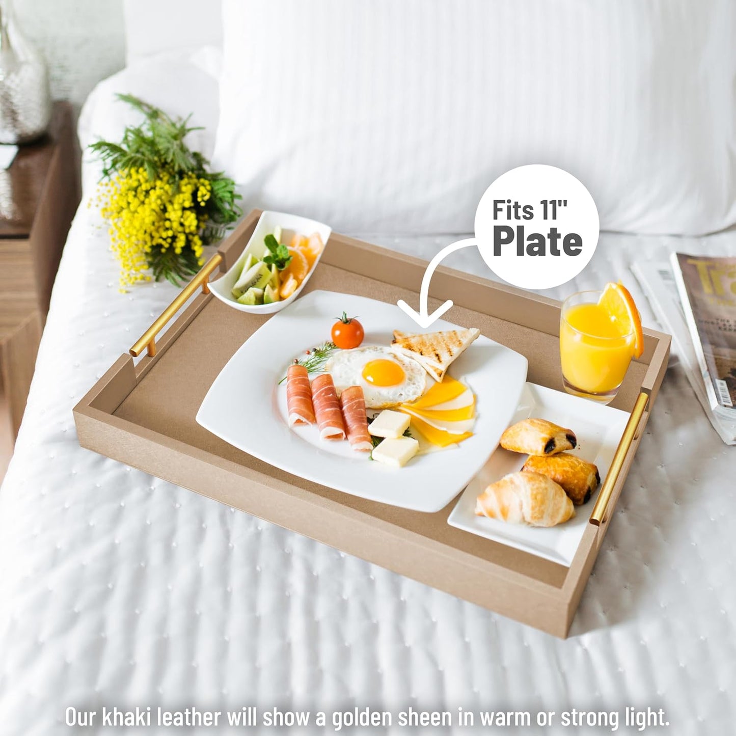 ATZYmolin 17" x 12" Wood Serving Tray with Gold Polished Metal Handles, Home Decorative Wooden Rectangle Ottoman Leather Decor Platter Bathroom Vanity Tray for All Occasions White