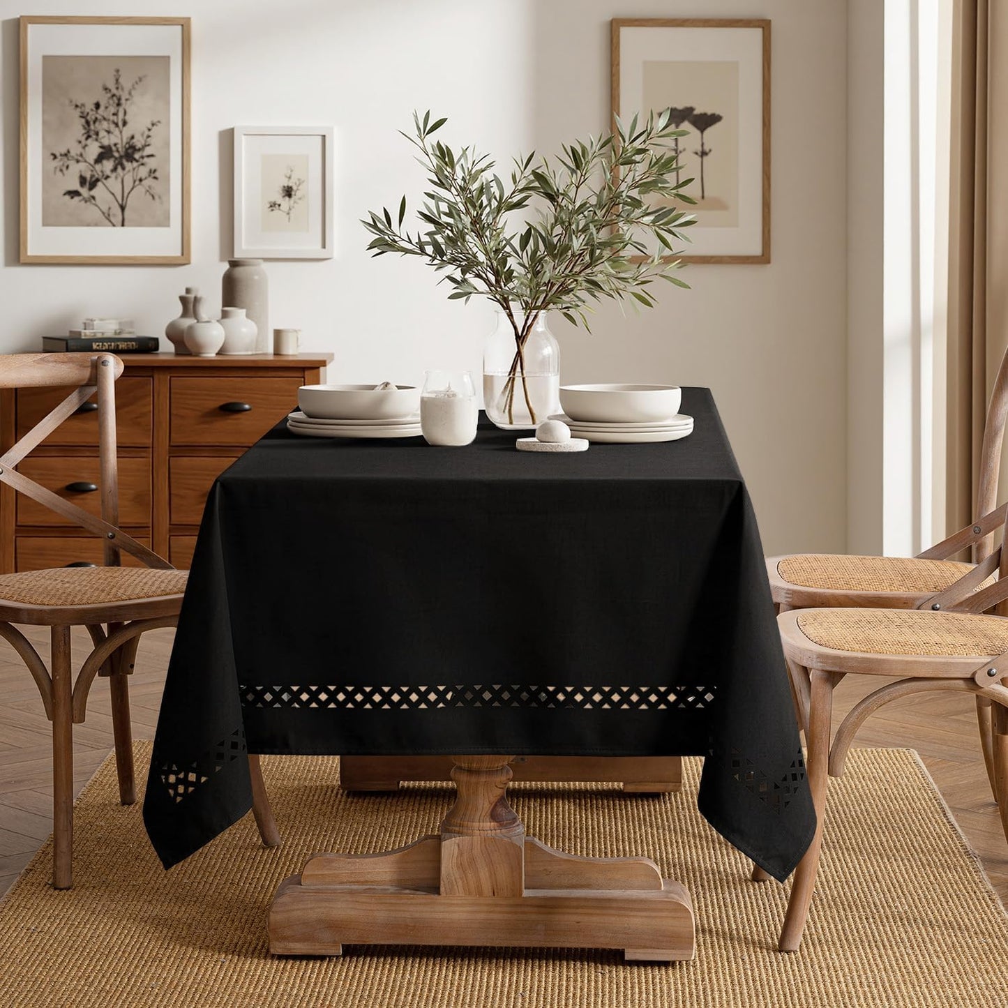 MIULEE Beige Rectangle Linen Polyester Tablecloth with Decorative Cutouts Spring Waterproof Stain Resistant & Shrink-Proof Table Cloth 52x70 inch Farmhouse Style for Dining Wedding and Outdoor